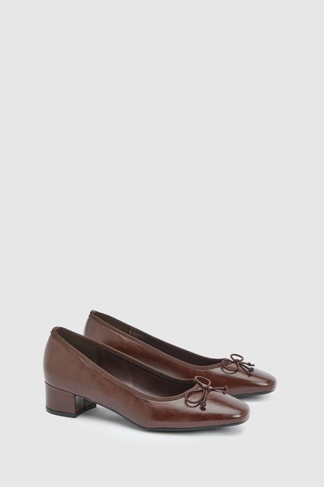 Gracie Faux Patent Leather Bow Detail Low Block Heel Court Shoes - Image 1