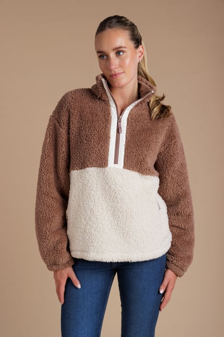 Light Brown Colourblock Borg High Neck 1/2 Zip Fleece Pullover - Image 1