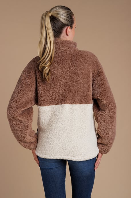 Light Brown Colourblock Borg High Neck 1/2 Zip Fleece Pullover - Image 2