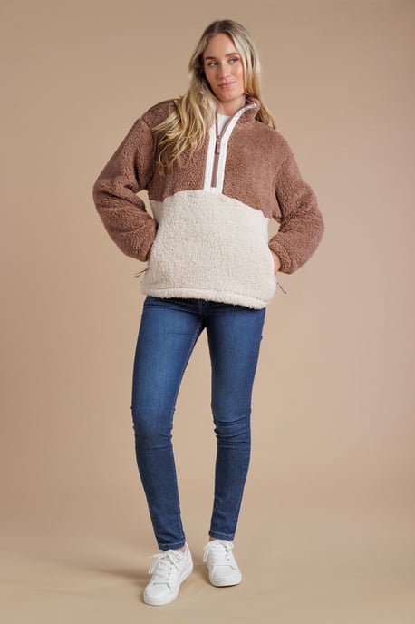 Light Brown Colourblock Borg High Neck 1/2 Zip Fleece Pullover - Image 3