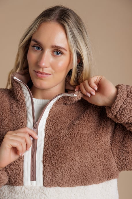 Light Brown Colourblock Borg High Neck 1/2 Zip Fleece Pullover - Image 4