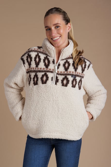 Beige Fairisle Borg High Neck 1/2 Zip Fleece Pullover - Image 1