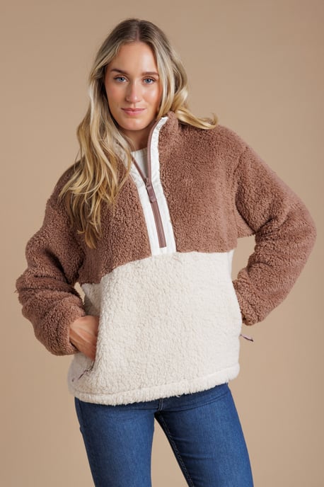 Light Brown Colourblock Borg High Neck 1/2 Zip Fleece Pullover - Image 5