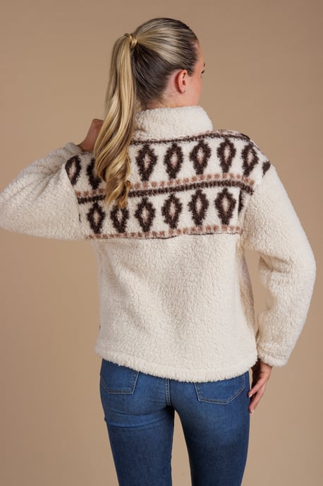 Beige Fairisle Borg High Neck 1/2 Zip Fleece Pullover - Image 2