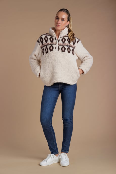 Beige Fairisle Borg High Neck 1/2 Zip Fleece Pullover - Image 3