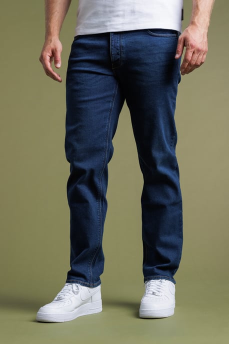 Dark Blue Cotton Straight Leg Stretch Denim Jeans - Image 1