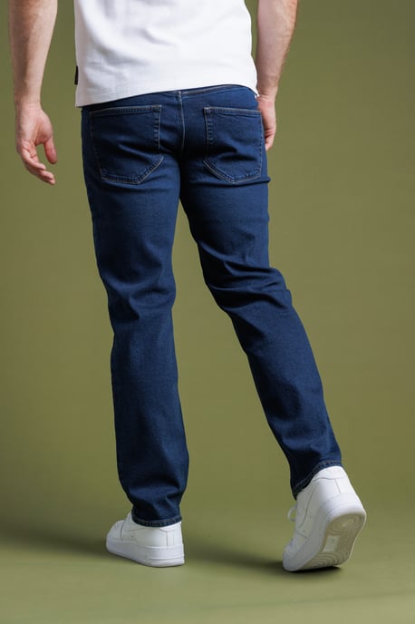 Dark Blue Cotton Straight Leg Stretch Denim Jeans - Image 2