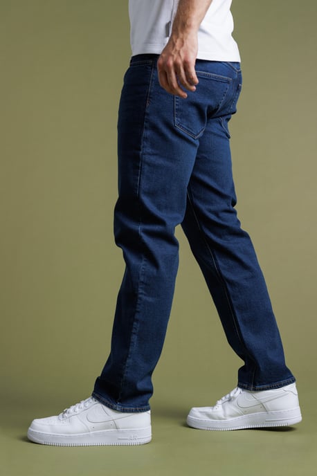 Dark Blue Cotton Straight Leg Stretch Denim Jeans - Image 3
