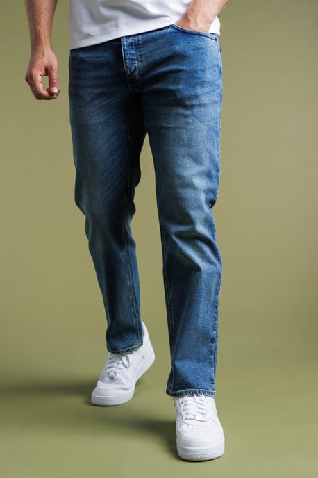 Blue Cotton Straight Leg Stretch Denim Jeans - Image 1