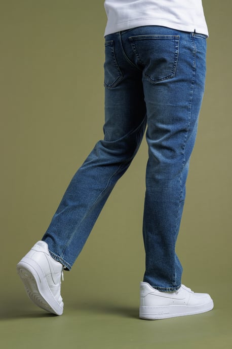 Blue Cotton Straight Leg Stretch Denim Jeans - Image 2