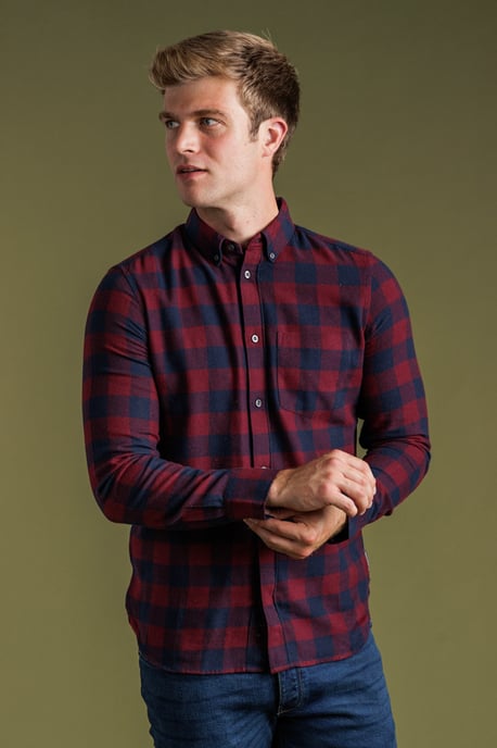 Wine Cotton Large Gingham Flannel Long Sleeve Shirt - Image 1