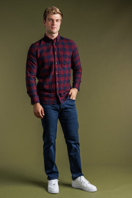 Wine Cotton Large Gingham Flannel Long Sleeve Shirt - Image 3