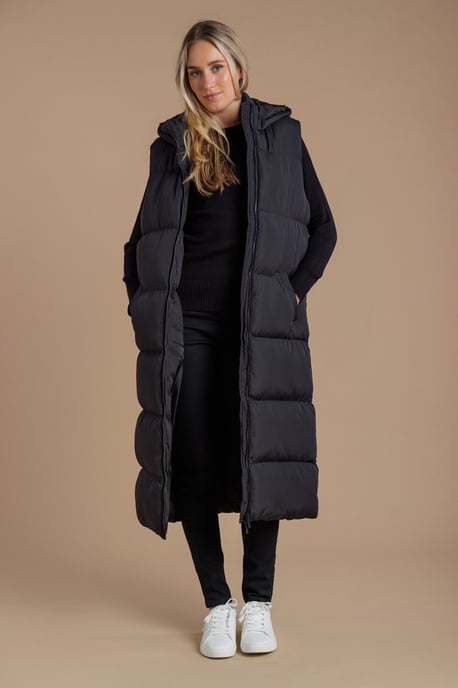 Black Longline Padded Gilet With Hood - Image 3