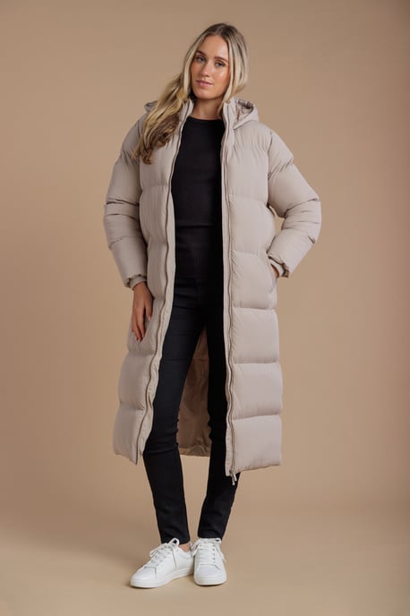 Taupe Longline Quilted Puffer Jacket With Hood - Image 1