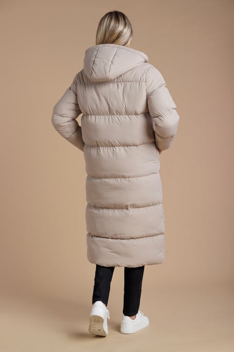 Taupe Longline Quilted Puffer Jacket With Hood - Image 2