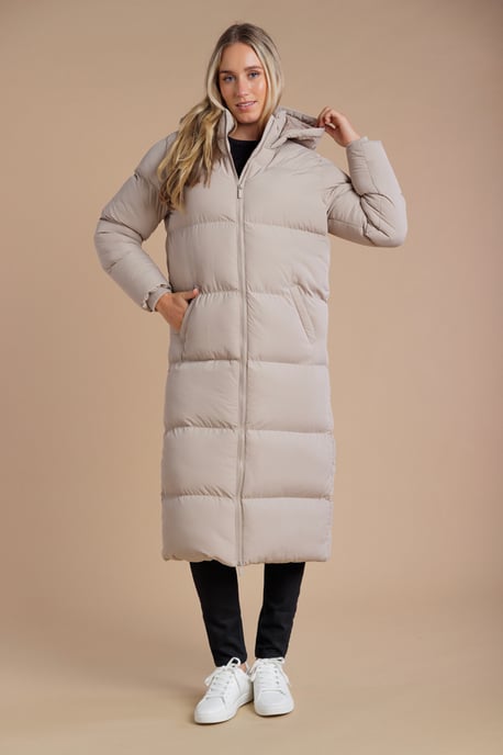 Taupe Longline Quilted Puffer Jacket With Hood - Image 3