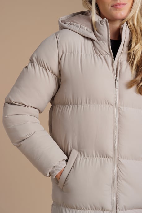 Taupe Longline Quilted Puffer Jacket With Hood - Image 4