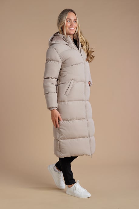Taupe Longline Quilted Puffer Jacket With Hood - Image 5