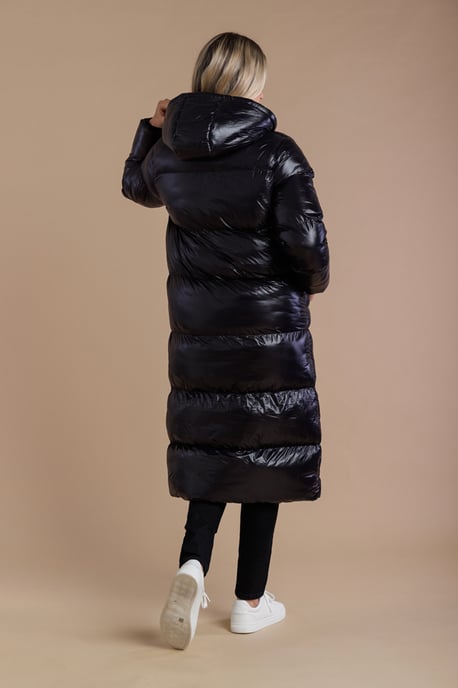 Black Longline Quilted Shine Puffer Jacket With Hood - Image 2