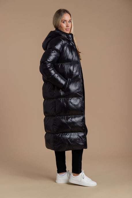 Black Longline Quilted Shine Puffer Jacket With Hood - Image 3