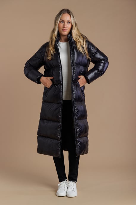 Black Longline Quilted Shine Puffer Jacket With Hood - Image 5