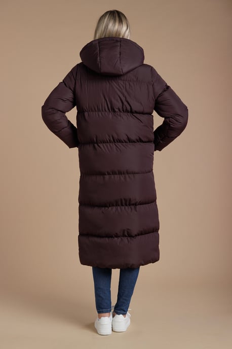 Chocolate Longline Quilted Puffer Jacket With Hood - Image 2