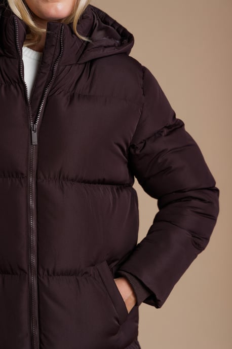 Chocolate Longline Quilted Puffer Jacket With Hood - Image 4