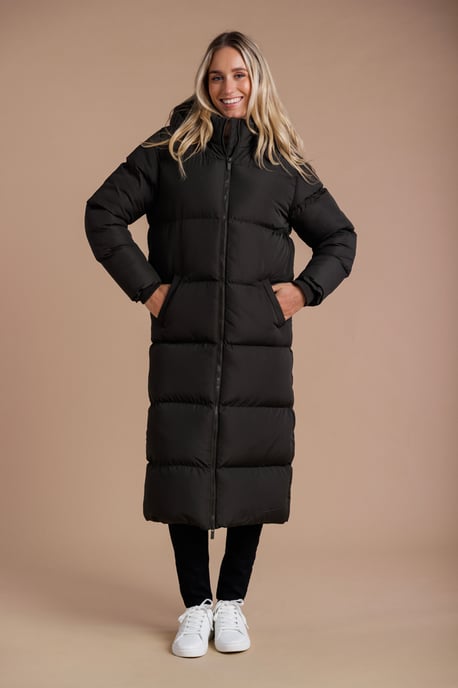 Black Longline Quilted Puffer Jacket With Hood - Image 1