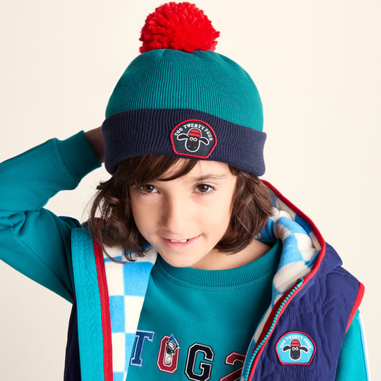 Beulah Shaun the Sheep Kids Knitted Beanie Pom Pom Hat - Peacock Green/Night Blue - Image 3