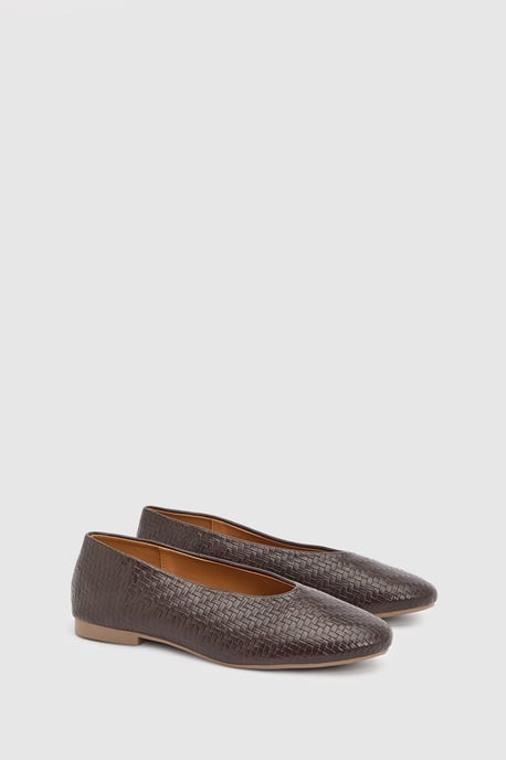 Angeline Faux Leather Woven Effect Round Toe Ballet Pumps - Image 1