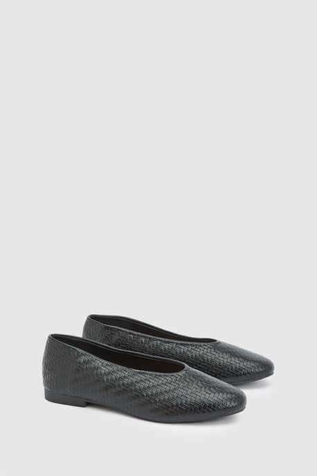 Angeline Faux Leather Woven Effect Round Toe Ballet Pumps - Image 1