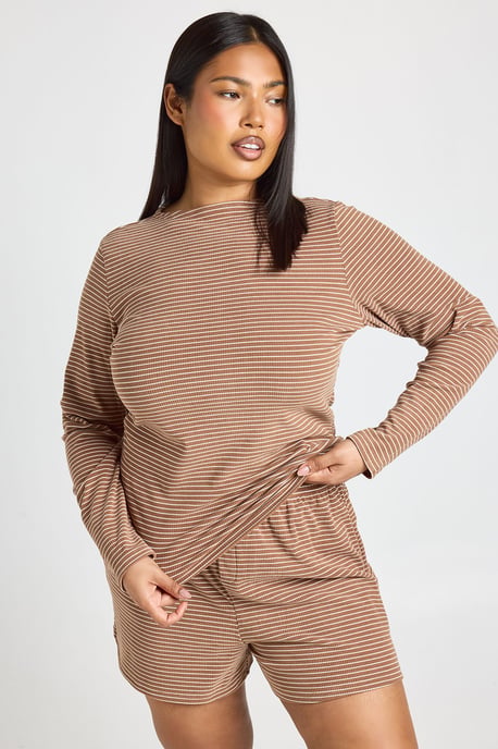 Plus Soft Rib Stripe Long Sleeve Top & Short Pyjama Set - Image 1