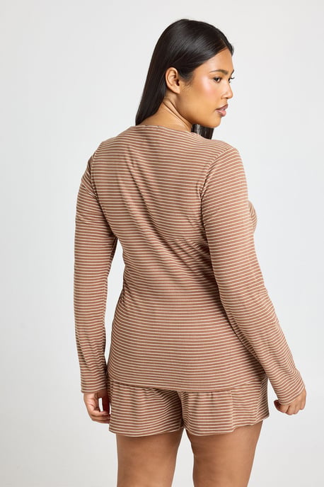 Plus Soft Rib Stripe Long Sleeve Top & Short Pyjama Set - Image 2