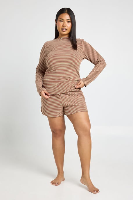 Plus Soft Rib Stripe Long Sleeve Top & Short Pyjama Set - Image 3