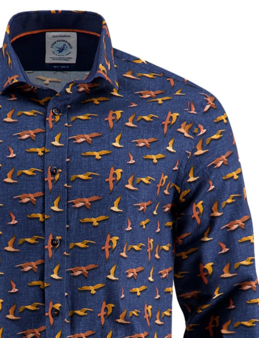 A Fish Named Fred overhemd donkerblauw geprint vogels - Image 3