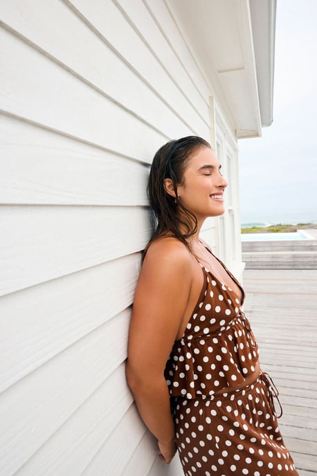 Polka Dot Halter Bikini Top With Ruffle - Image 1