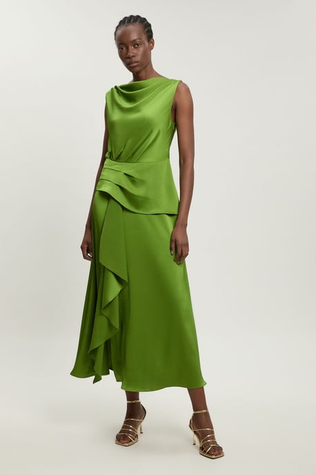 Textured Satin Ruffle Detail Sleeveless Midi Dress - Image 1