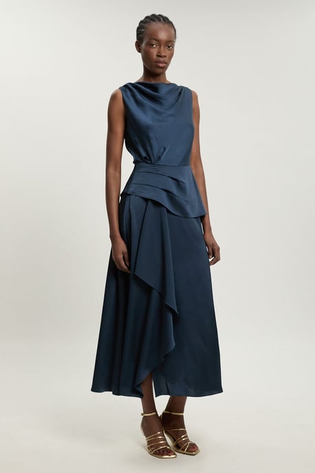 Textured Satin Ruffle Detail Sleeveless Midi Dress - Image 1
