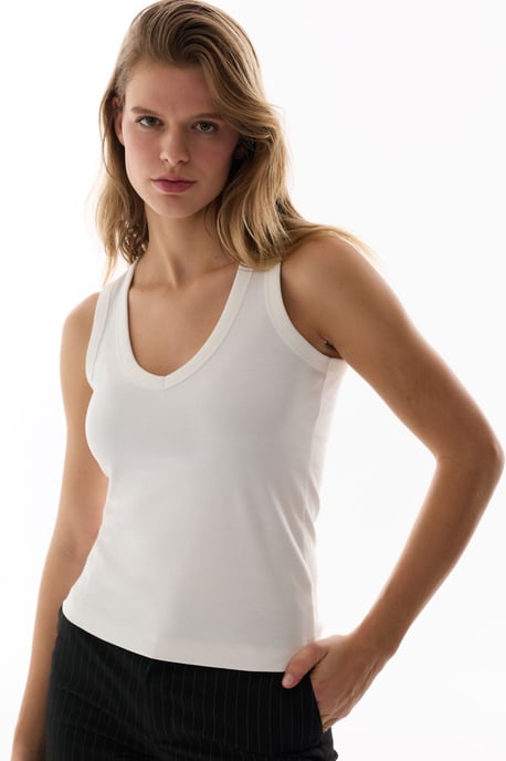 Bomullsribbad V-ringad ärmlös bodysuit - Image 3