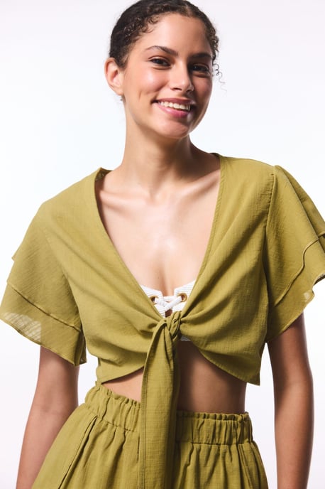 Cotton Crop Bodysuit With Tie Detail - Image 1
