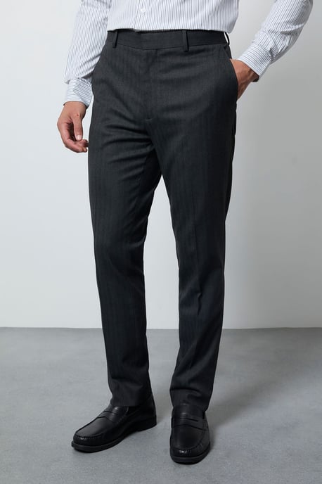 Dark Grey Herringbone Slim Fit Smart Trouser - Image 2