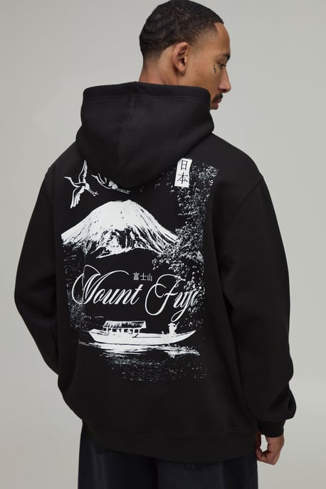 Black Oversized Mount Fuji Graphic Hoodie - Image 1