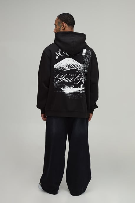 Black Oversized Mount Fuji Graphic Hoodie - Image 2