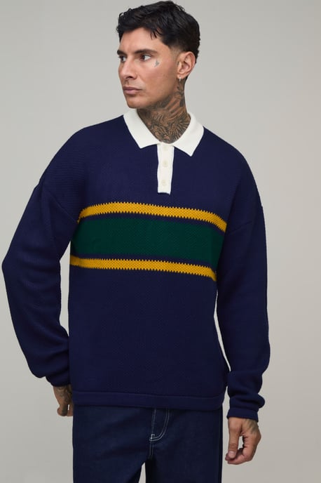 Tall Relaxed Pique Colour Block Knitted Long Sleeve Polo - Image 1