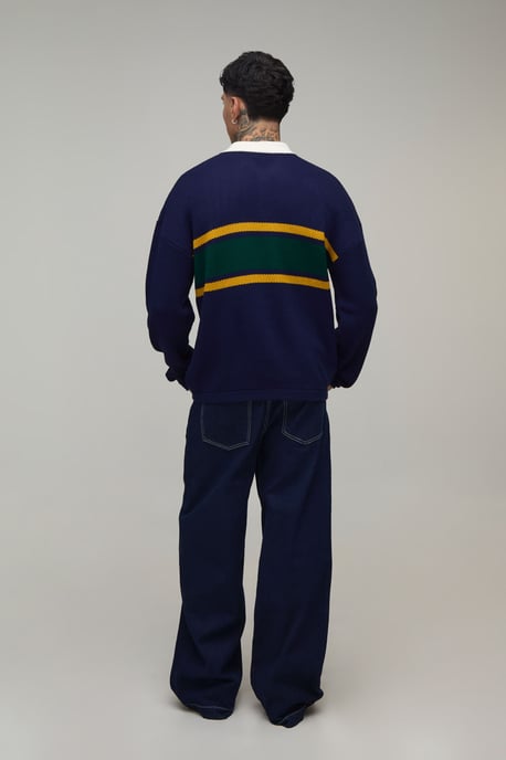 Tall Relaxed Pique Colour Block Knitted Long Sleeve Polo - Image 2