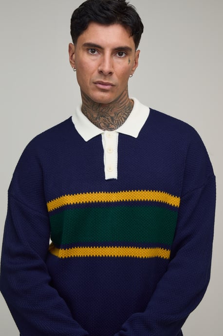 Tall Relaxed Pique Colour Block Knitted Long Sleeve Polo - Image 3