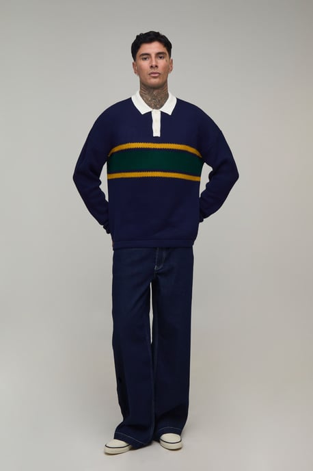 Tall Relaxed Pique Colour Block Knitted Long Sleeve Polo - Image 4
