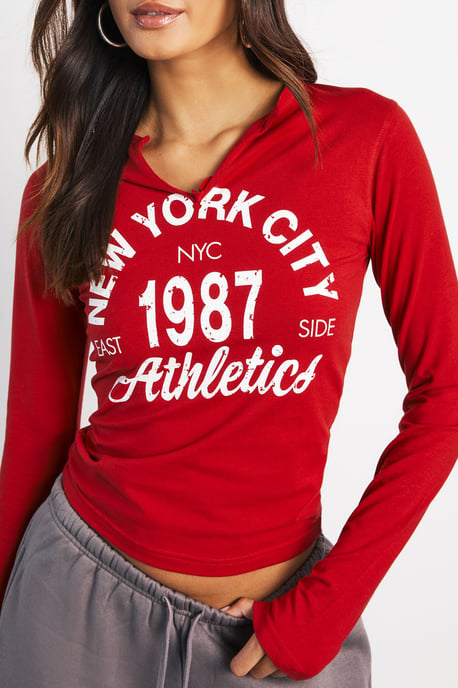 New York Printed Notch Neck Long Sleeve Top - Image 4
