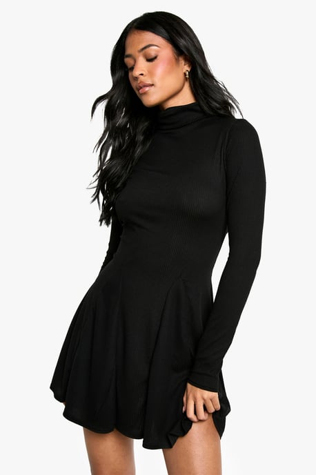 Tall Roll Neck Godet Hem Rib Skater Dress - Image 1