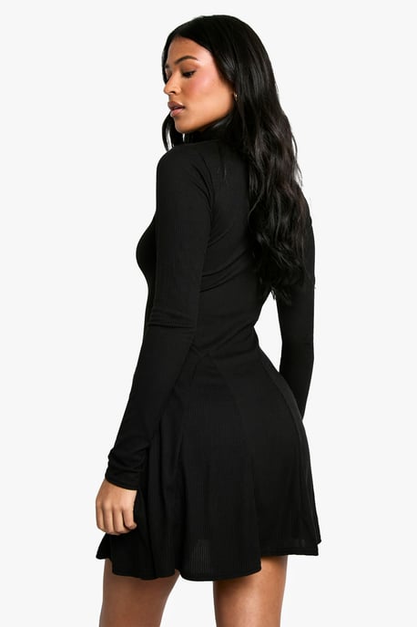Tall Roll Neck Godet Hem Rib Skater Dress - Image 2